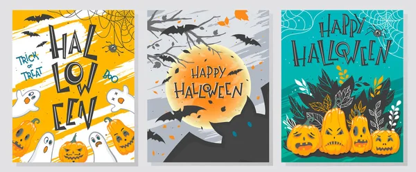 Collectie Van Halloween Groeten Met Hand Geschilderd Belettering Spoken Pompoenen — Stockvector