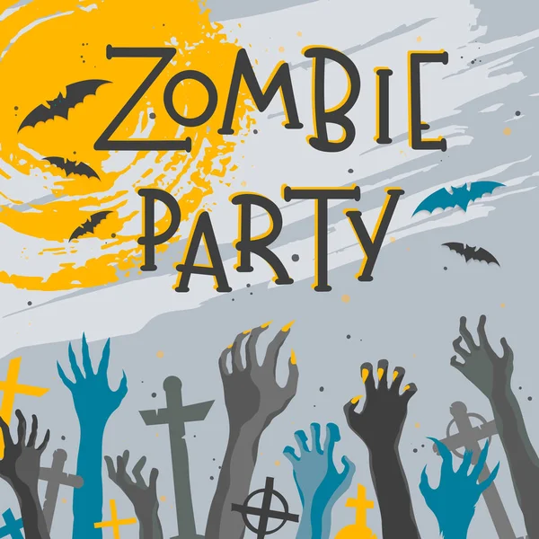 Halloween Zombie Party Poster Mit Grunge Hintergrund Zombie Hände Friedhof — Stockvektor