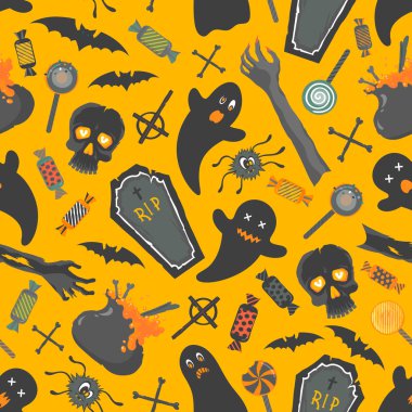 Seamless modeli. Desen komik halloween karakterler ve öğeleri ile. Parmak, el ilanları, afişler, davetiyeler, scrapbooking, tebrikler ve daha fazla tebrik için mükemmel. Cadılar Bayramı illüstrasyon vektör.