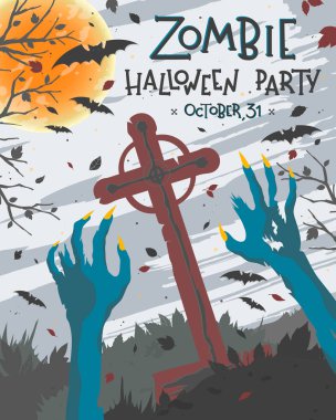 Cadılar Bayramı poster grunge arka plan, zombi eller, mezarlık, dolunay, ölü ağaçlar ve yarasalar. Cadılar Bayramı tasarımı, el ilanları, afişler davetiye, tebrik ve daha fazla baskı için mükemmel. Cadılar Bayramı illüstrasyon vektör.