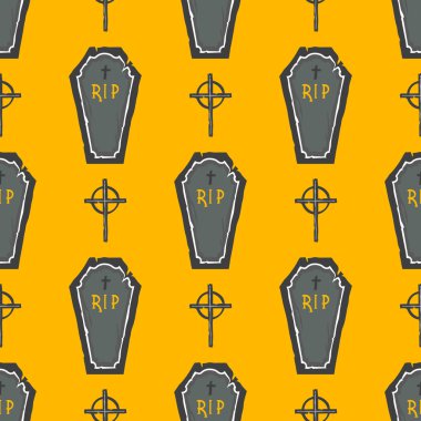 Seamless modeli. Cadılar Bayramı desen tabut ve çapraz ile. Parmak, el ilanları, afişler, davetiyeler, scrapbooking, tebrikler ve daha fazla tebrik için mükemmel. Cadılar Bayramı illüstrasyon vektör.