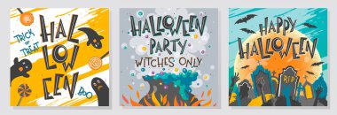 Cadılar Bayramı tebrik yazı, cadı kazanı, zombi eller, mezarlık, ay ve yarasalar ile topluluğu. Mükemmel, parti el ilanları, kartları, tanıtımlarını, davetiyeler ve daha fazla baskı için. Cadılar Bayramı çizimler vektör.