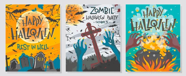 Kollektion Von Halloween Grüßen Mit Schriftzügen Hexenkessel Zombie Händen Friedhof — Stockvektor