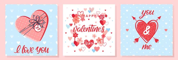 Kollektion Kreativer Valentinstag Karten Handgezeichneter Schriftzug Mit Herzen Geschenkschachtel Pfeilen — Stockvektor