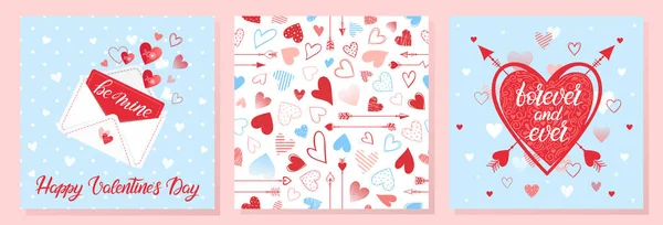 Kollektion Kreativer Valentinstag Karten Handgezeichneter Schriftzug Mit Herzen Liebesbrief Und — Stockvektor