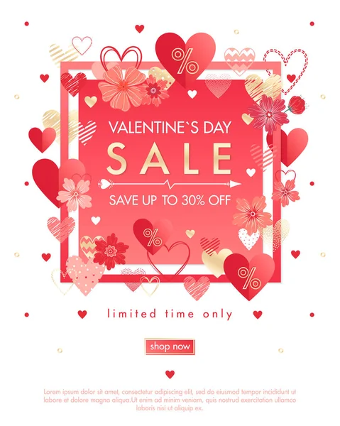 Valentines Day Special Offer Banner Different Hearts Golden Foil Elements — Stock Vector