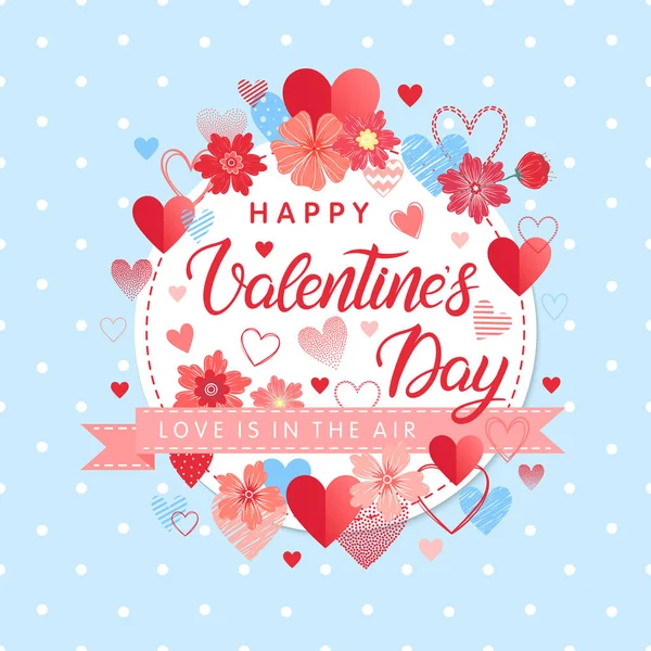 Happy Valentines Day Hand Painted Lettering Different Hearts Flowers Romantic — Stock Vector