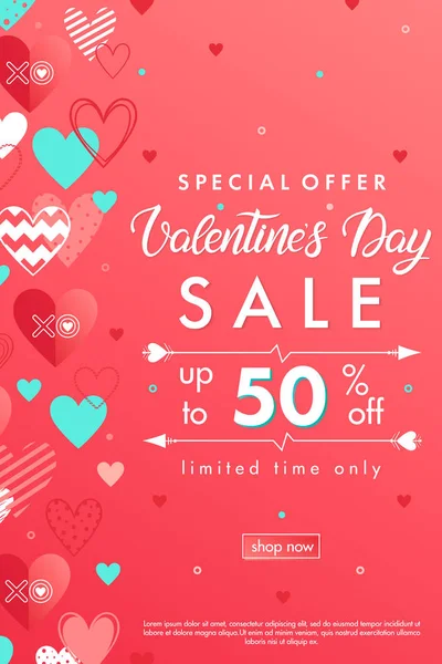 Valentines Day Special Offer Banner Different Hearts Sale Flyer Template — Stock Vector