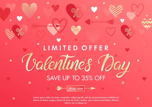 Valentines Day Special Offer Banner Different Hearts Gold Foil Elements — Stock Vector