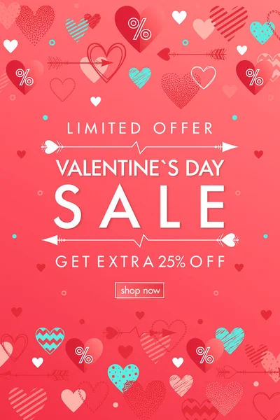 Valentines Day Special Offer Banner Different Hearts Sale Flyer Template — Stock Vector