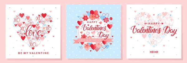 Kollektion Kreativer Valentinstags Karten Handgezeichneter Schriftzug Mit Herzen Und Blumen — Stockvektor