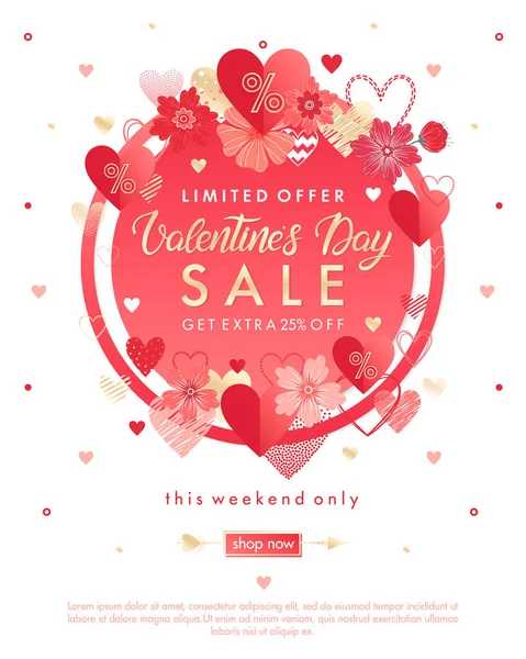 Valentines Day Special Offer Banner Different Hearts Golden Foil Elements — Stock Vector