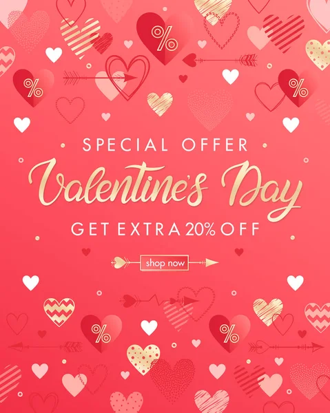 Valentines Day Special Offer Banner Different Hearts Gold Foil Elements — Stock Vector