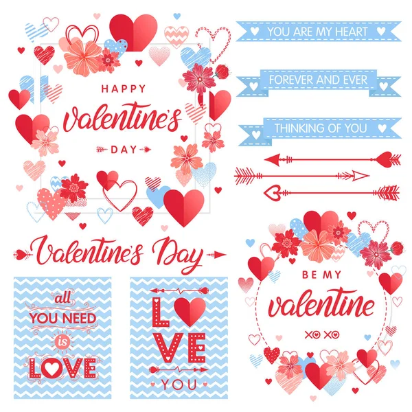 Kollektion Kreativer Valentinstags Tageskarten Und Elemente Handgezeichnete Schriftzüge Mit Herzen — Stockvektor