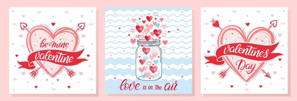 Kollektion Kreativer Valentinstag Karten Handgezeichneter Schriftzug Mit Herzen Pfeilen Und — Stockvektor