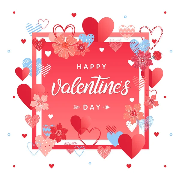 Щасливий День Святого Валентина Руку Пофарбовані Написи Різних Серцем Квіти — стоковий вектор