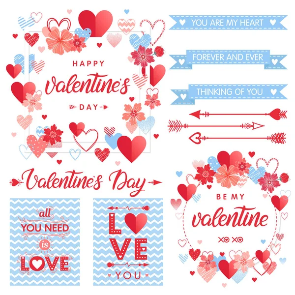 Collection Creative Valentines Day Cards Elements Hand Drawn Lettering Hearts — Stock Vector