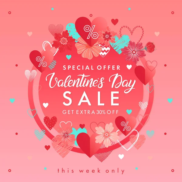 Valentines Day Special Offer Banner Different Hearts Sale Flyers Templates — Stock Vector