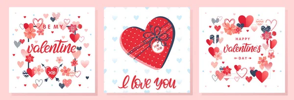 Coleção Cartões Criativos Valentims Letras Desenhadas Mão Com Corações Caixa — Vetor de Stock