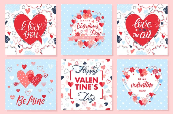 Kollektion Kreativer Valentinstag Karten Handgezeichneter Schriftzug Mit Herzen Pfeilen Und — Stockvektor