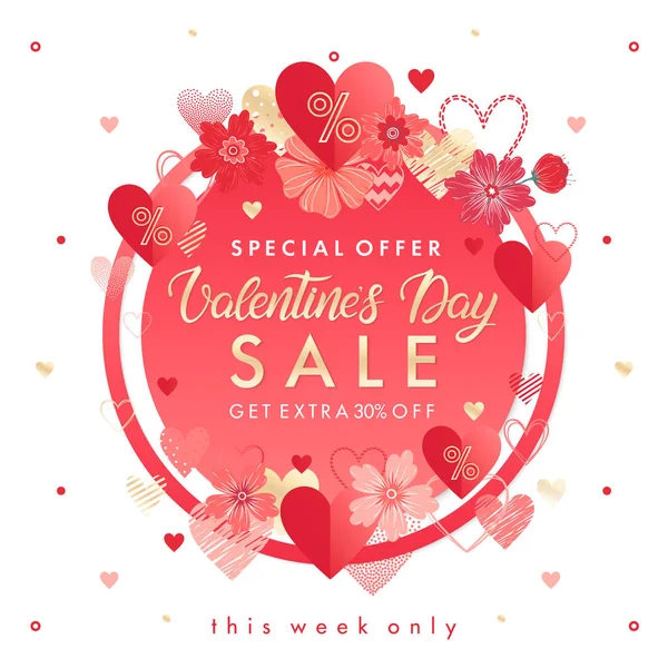 Valentines Day Special Offer Banner Different Hearts Golden Foil Elements — Stock Vector