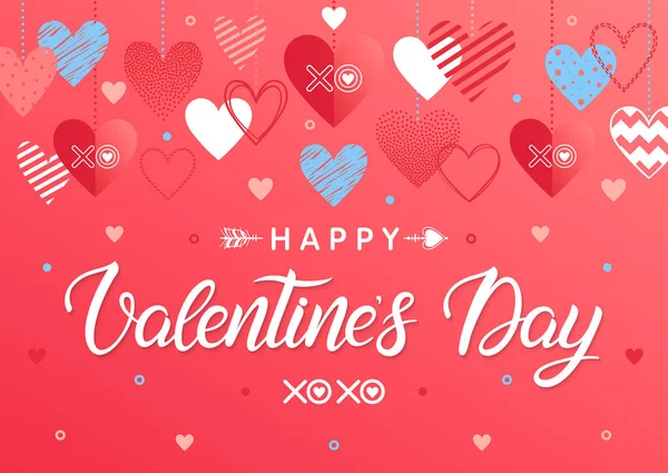 Feliz Día San Valentín Letras Pintadas Mano Con Diferentes Corazones — Vector de stock