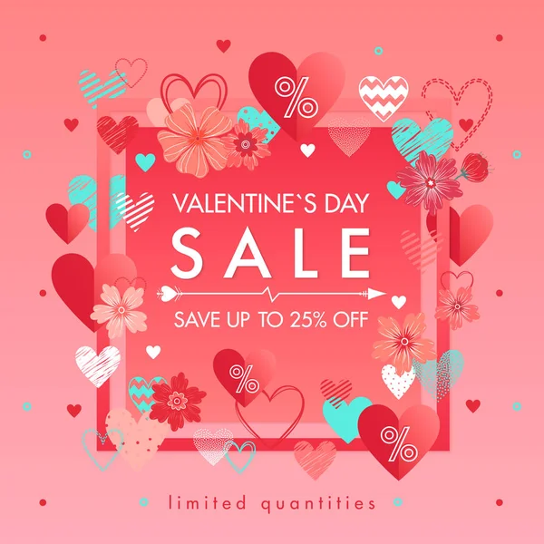 Valentines Day Special Offer Banner Different Hearts Sale Flyers Templates — Stock Vector