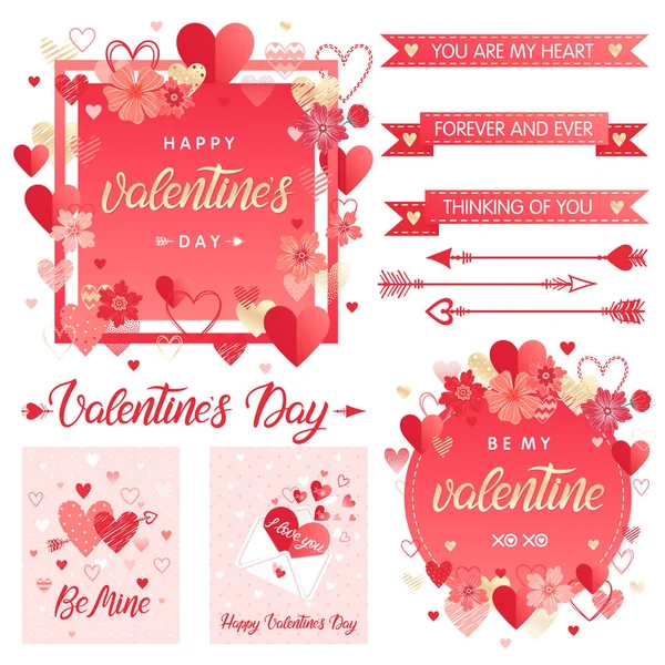 Sammlung Kreativer Valentinstag Karten Und Elemente Handgezeichnete Schriftzüge Mit Pfeilen — Stockvektor