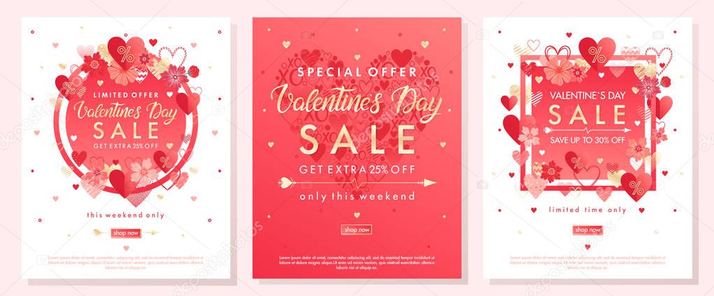 Valentines Day special offer banners with different hearts and golden foil elements.Sale templates perfect for prints, flyers, banners, promotions, special offers and more.Vector Valentines promos.