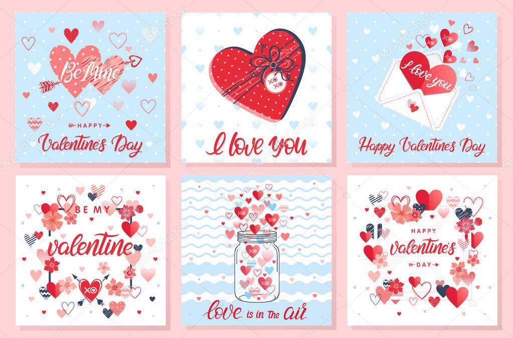 Collection of creative Valentines Day cards.Hand drawn lettering with hearts,arrows,maison jar,love letter and flowers.Romantic illustrations perfect for prints,flyers,posters,holiday invitations.