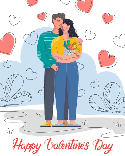 抱着有心脏背景的情侣 可爱的卡通人物 浪漫的插图非常适合贺卡 印刷品 请柬等 情人节卡概念 时间在一起 — 图库矢量图片