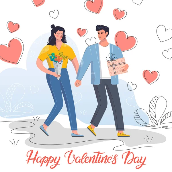 Couple Holding Hands Walking Cute Cartoon Characters Romantic Illustration Perfect — Stock Vector