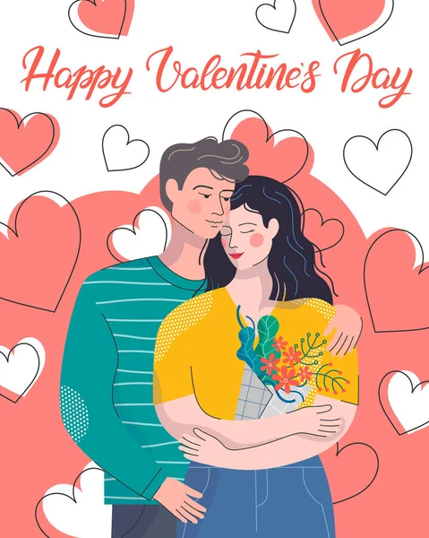 Abrazando Pareja Con Corazones Background Cute Personajes Dibujos Animados Ilustración — Vector de stock