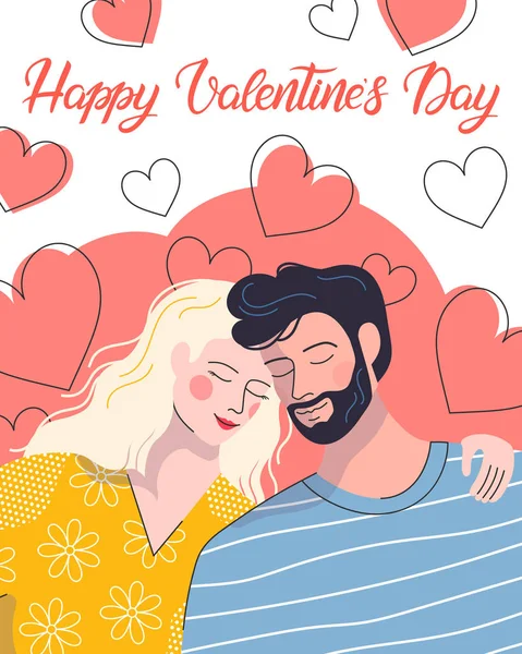 Abrazando Pareja Con Corazones Background Cute Personajes Dibujos Animados Ilustración — Vector de stock