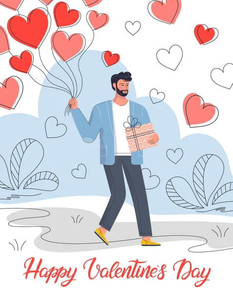 Hombre Sosteniendo Globos Corazón Caja Regalo Lindo Personaje Dibujos Animados — Vector de stock