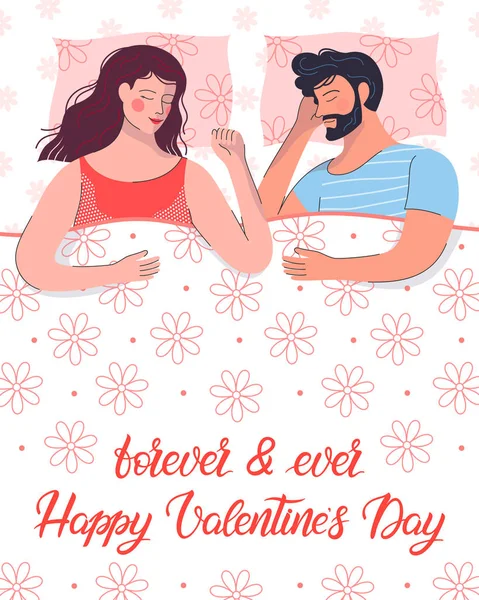 Couple Love Sleeping Bed Happy Family Cute Cartoon Characters Romantic — Stock Vector