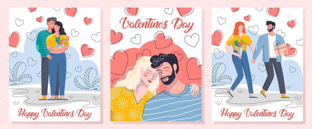Collection of romantic illustrations with hugging couples and hearts.Cute cartoon characters.Perfect for greeting cards, prints,flyers,posters,invitations and more.Valentines day cards concept.