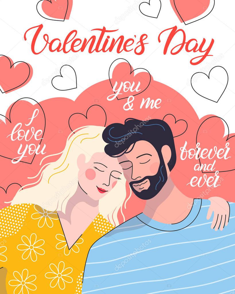 Hugging couple with hearts background and lettering.Cute cartoon characters.Romantic illustration perfect for greeting cards, prints,flyers,posters,invitations and more.Valentines day card concept.