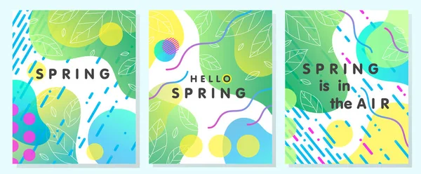 Set Unique Spring Cards Bright Gradient Backgrounds Tiny Leaves Fluid — Stock Vector