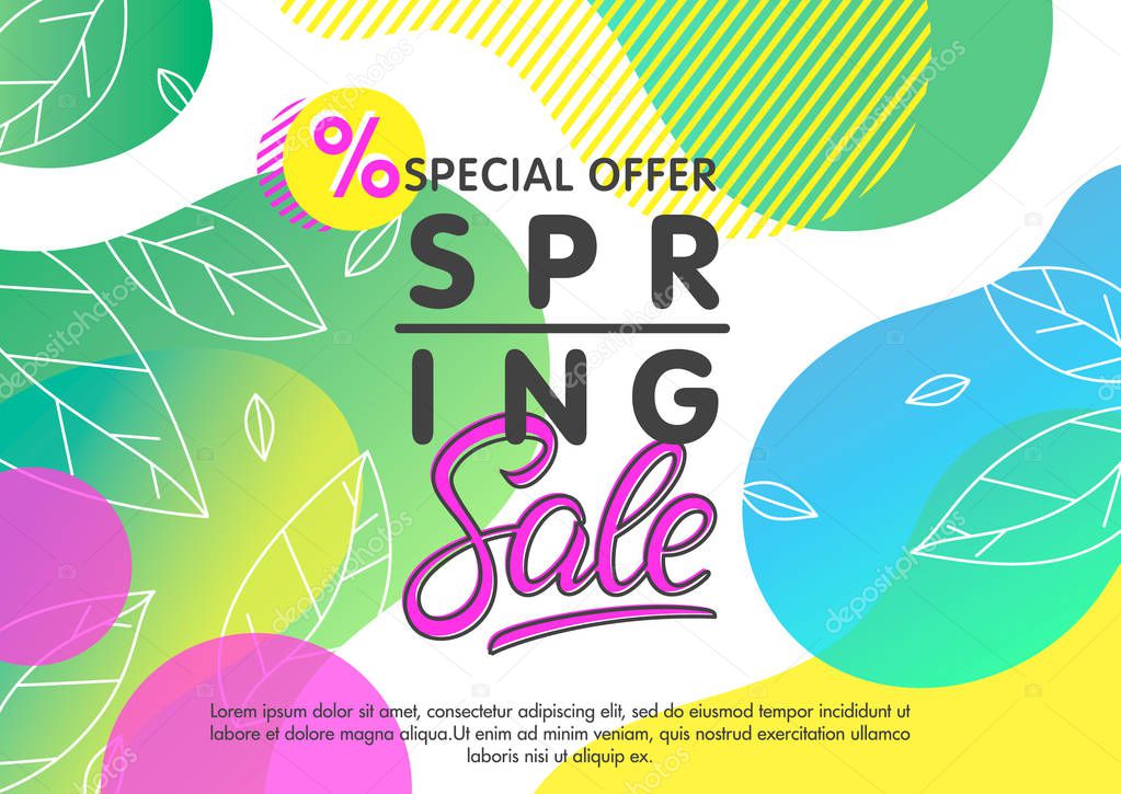 Set of unique spring cards with bright gradient backgrounds,tiny leaves,fluid shapes and geometric elements in memphis style.Abstract layouts perfect for prints,flyers,banners,invitations,covers.