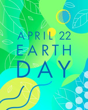 Dünya günü tipografi tasarımı. Parlak degrade arka plan, sıvı şekiller, küçük yaprakları ve geometrik unsurlar. Dünya günü konsepti baskılar, broşürler, afiş tasarımı ve daha fazlası için idealdir. Eko kavramı.