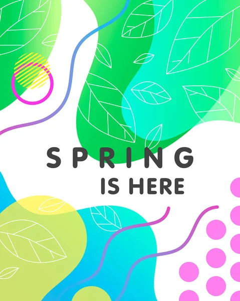 Trendige Frühlingskarte Mit Hellem Verlaufshintergrund Winzigen Blättern Fließenden Formen Und — Stockvektor