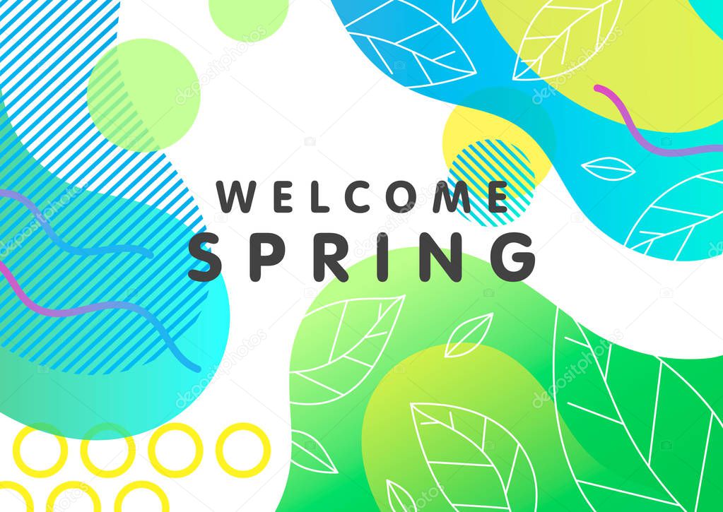 Trendy spring card with bright gradient background,tiny leaves,fluid shapes and geometric elements in memphis style.Bright abstract layout perfect for prints,flyers,banners,invitations,covers and more