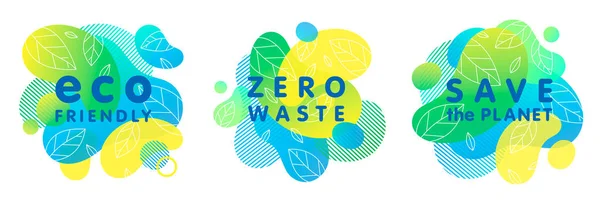 Set Trendy Zero Waste Concepts Bright Liquid Shapes Tiny Leaves — Stock Vector