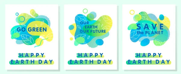 Conjunto Carteles Del Día Tierra Formas Líquidas Brillantes Hojas Diminutas — Vector de stock