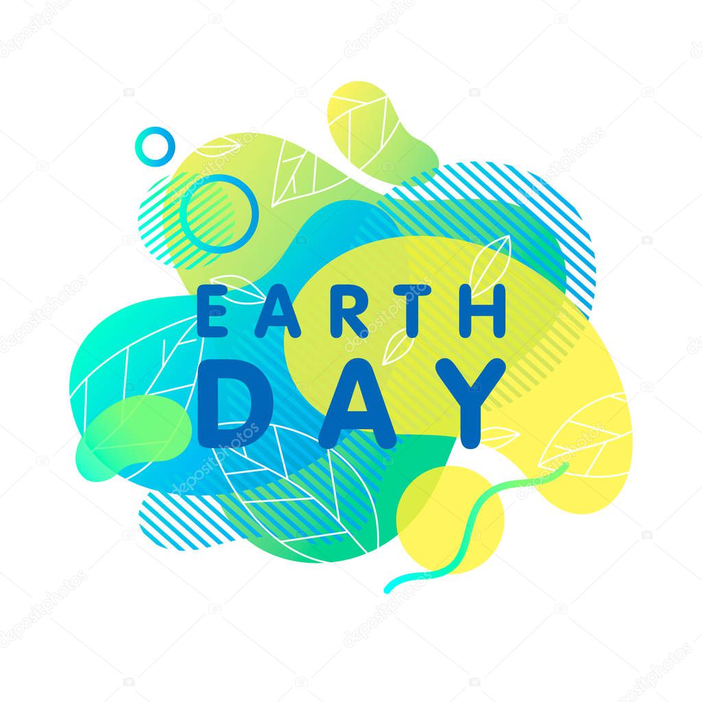 Happy Earth Day typography design.Bright liquid shapes,tiny leaves and geometric elements.Earth Day concept perfect for prints, flyers,banners design and more.Fluid shapes composition.Go green.