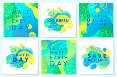Degrade arka planlar, sıvı şekiller, küçük yaprakları ve geometrik unsurlar ile Dünya Günü posterleri koleksiyonu. Dünya günü düzenleri için mükemmel baskılar, el ilanları, kapakları, afiş tasarım ve daha fazlası. Eko kavramlar.