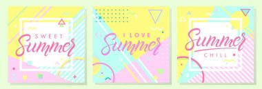 Set of artistic summer cards with bright background,pattern and geometric elements in memphis style.Abstract design templates perfect for prints,flyers,banners,invitations,covers,social media and more clipart