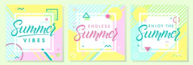 Set of artistic summer cards with bright background,pattern and geometric elements in memphis style.Abstract design templates perfect for prints,flyers,banners,invitations,covers,social media and more clipart