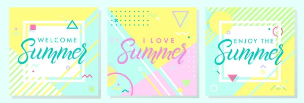 Conjunto Tarjetas Verano Estilo Memphis Plantillas Diseño Abstracto Perfectas Para — Vector de stock